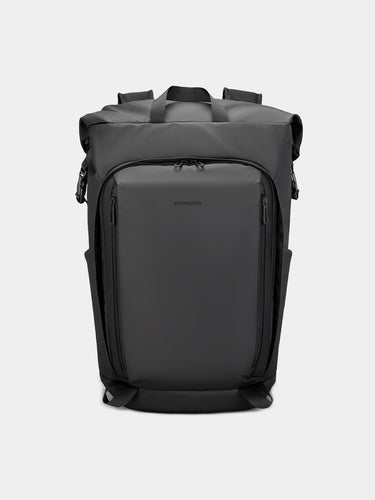 All purpose Black backpack on a light gray background with brand emmeton. Bag for Gym, Travel, work and casual use.