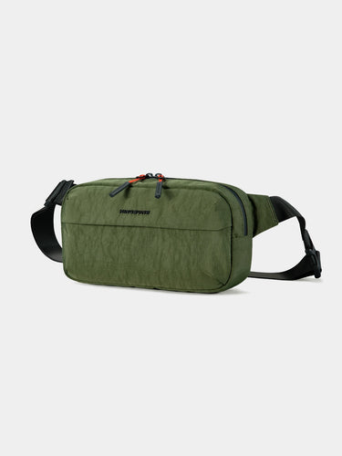 Green waist bag with a brand logo on a white background