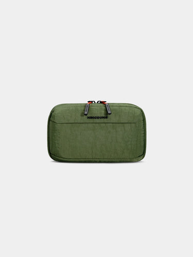 Green travel pouch with a brand logo on a white background
