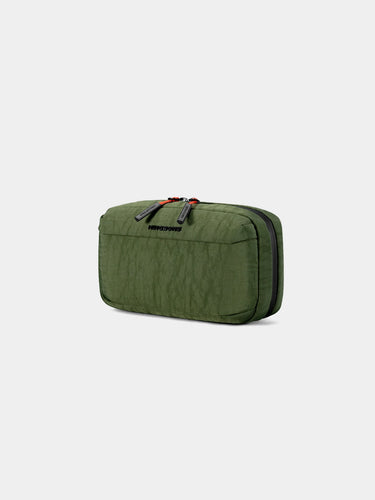 Green travel pouch with a brand logo on a white background
