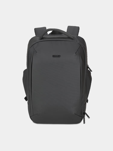 Black backpack on a light gray background