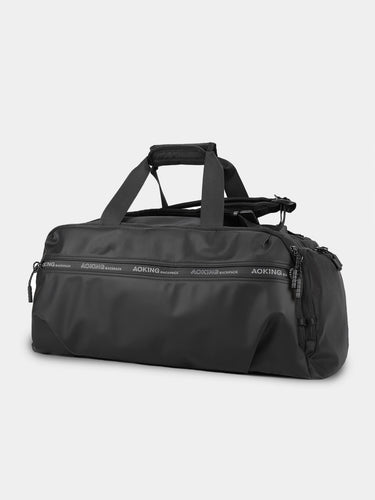 Black duffel bag with 'Aoking' branding on a light gray background