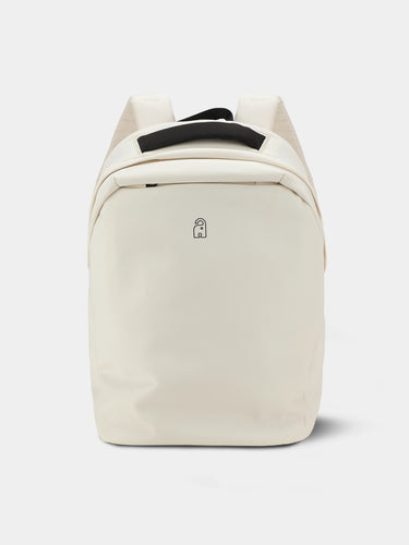 Beige backpack with a black strap on a white background