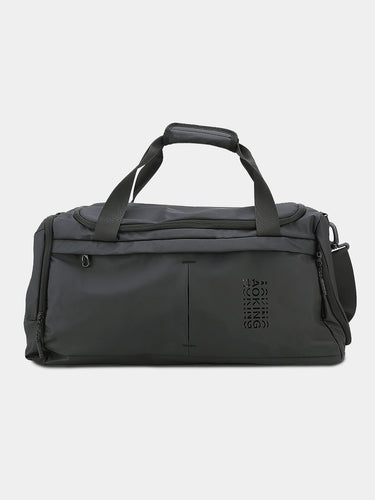 Black duffel bag with a visible brand logo on a white background