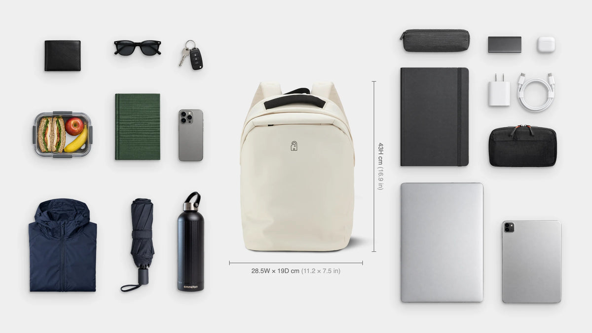 What fits inside the Roam Anti-Theft Pack 23L: 16" laptop, iPad, A4 notebook, pencil case, tech pouch, charger and cable, power bank, earbuds, lunchbox, book, rain jacket, travel umbrella, emmèton Thermo Bottle 750ml, wallet, sunglasses, keys and phone