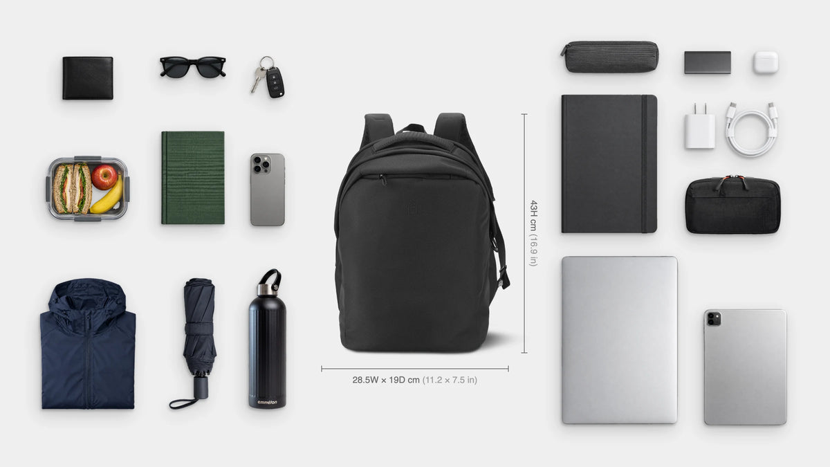 What fits inside the Roam Anti-Theft Pack 23L: 16" laptop, iPad, A4 notebook, pencil case, tech pouch, charger and cable, power bank, earbuds, lunchbox, book, rain jacket, travel umbrella, emmèton Thermo Bottle 750ml, wallet, sunglasses, keys and phone
