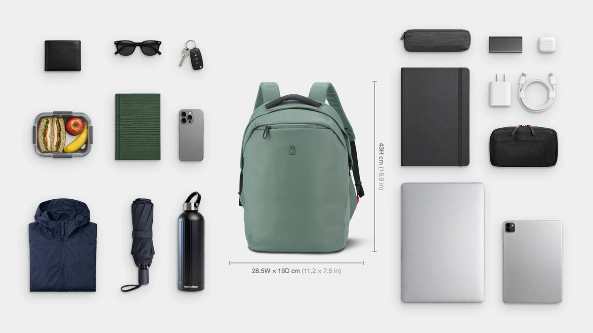 What fits inside the Roam Anti-Theft Pack 23L: 16" laptop, iPad, A4 notebook, pencil case, tech pouch, charger and cable, power bank, earbuds, lunchbox, book, rain jacket, travel umbrella, emmèton Thermo Bottle 750ml, wallet, sunglasses, keys and phone