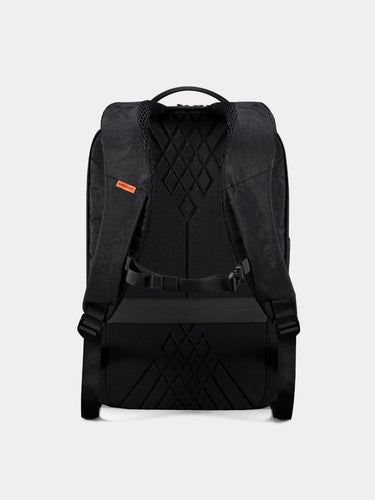 Black backpack with diamond pattern on a white background