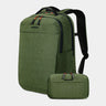 Green backpack with a smaller green pouch on a light gray background