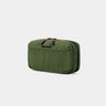 Green travel pouch with a brand logo on a white background
