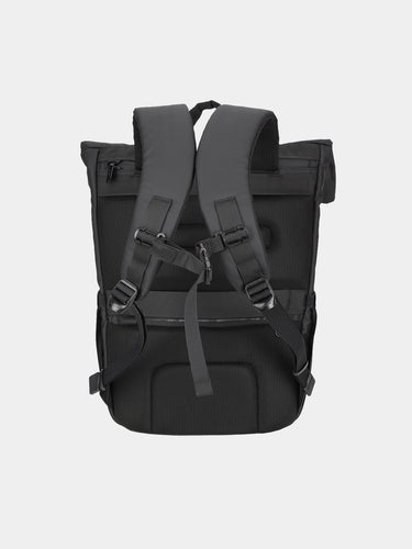 Black backpack with straps on a light gray background
