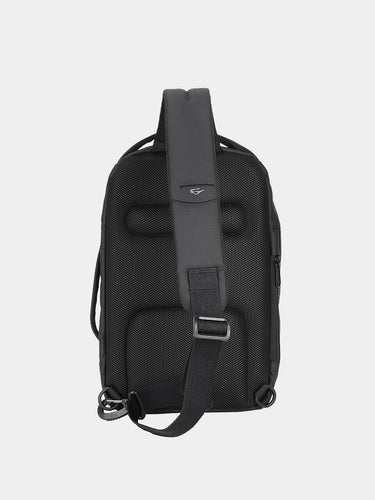 Black backpack with a strap on a light gray background