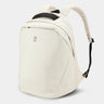Beige backpack with black straps on a white background