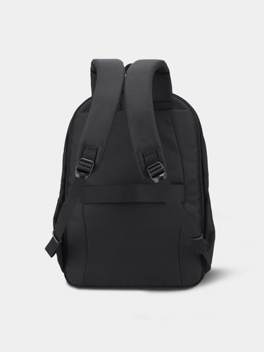 Black backpack on a light gray background