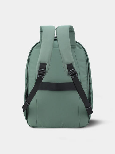 Green backpack with black straps on a light gray background