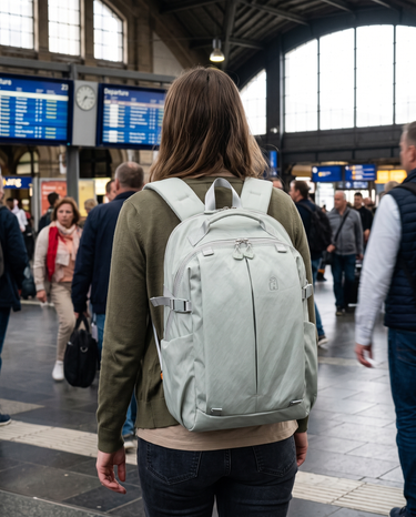 Woman wearing the Metro Anti-Theft Pack 20L in sage green at a railway station