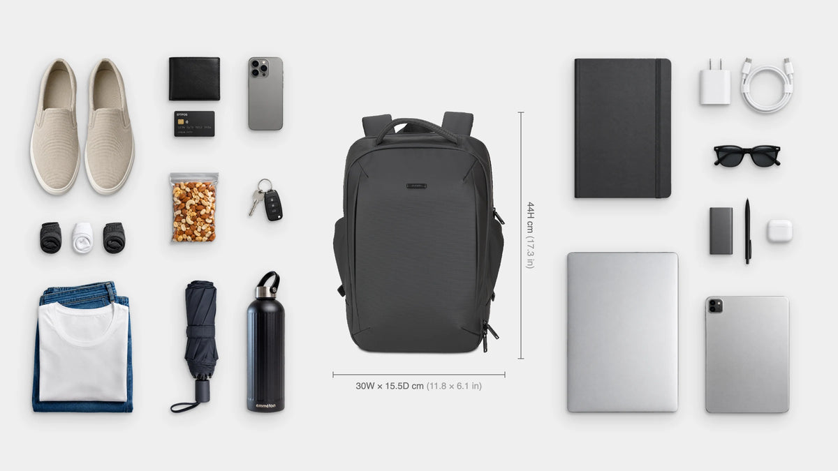 What fits inside the Commuter Anti-Theft Pack 20L: 16" laptop, iPad, A4 notebook, charger and cable, power bank, earbuds, pen, sunglasses, slip-on shoes, jeans and top, socks, snacks, emmèton Thermo Bottle 750ml, travel umbrella, wallet, EFTPOS card, keys and phone