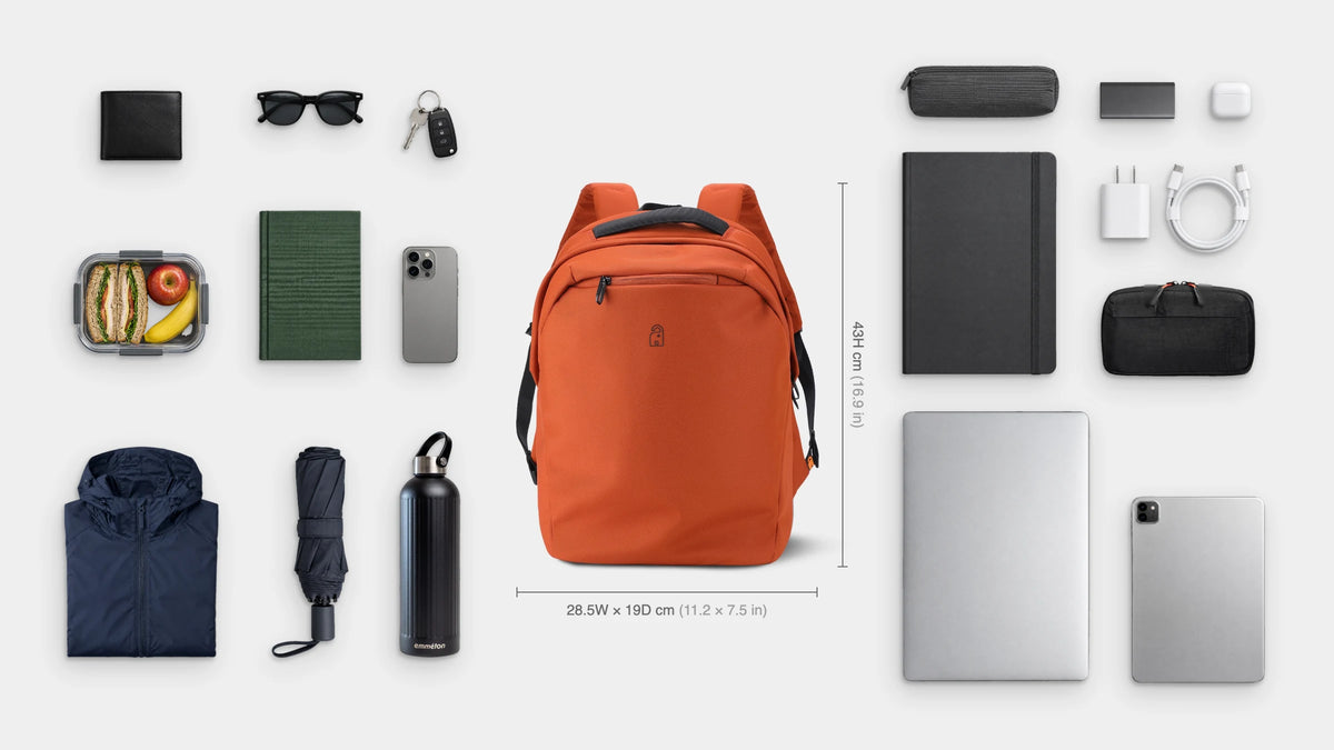 What fits inside the Roam Anti-Theft Pack 23L: 16" laptop, iPad, A4 notebook, pencil case, tech pouch, charger and cable, power bank, earbuds, lunchbox, book, rain jacket, travel umbrella, emmèton Thermo Bottle 750ml, wallet, sunglasses, keys and phone