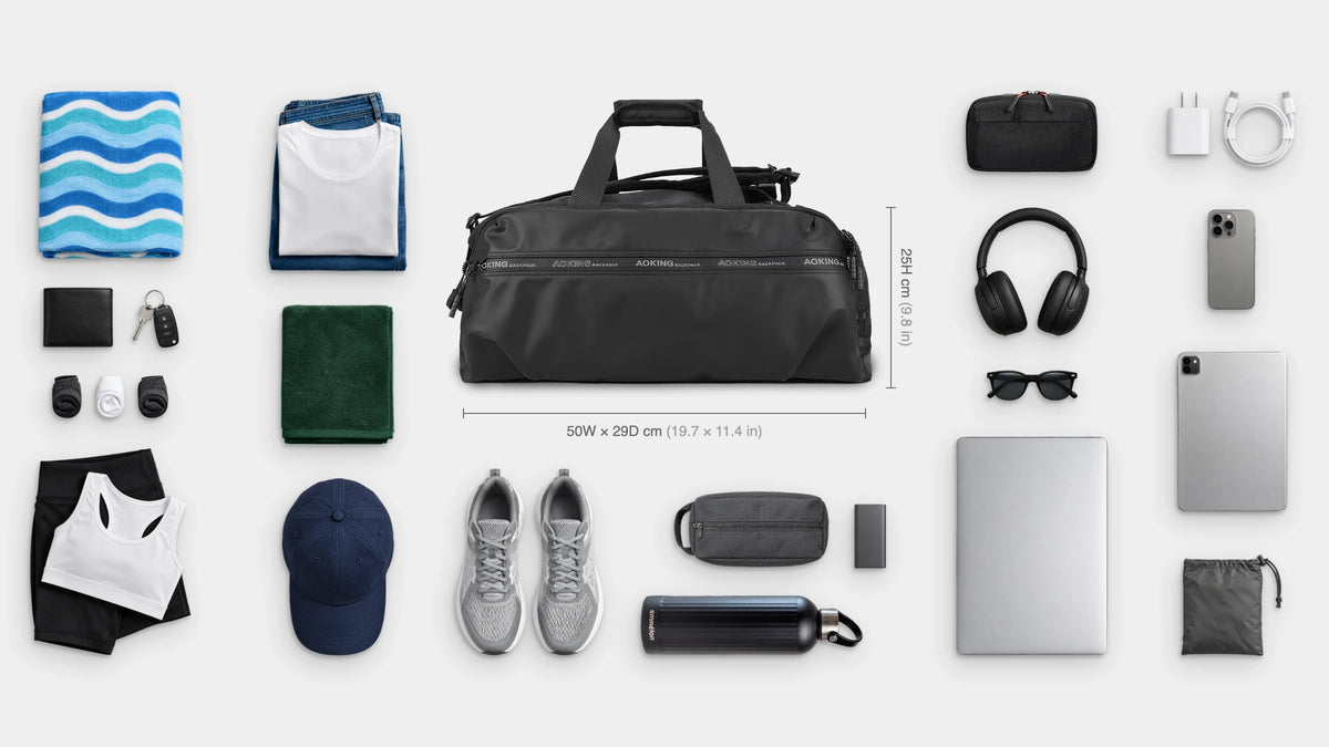 What fits inside the Session Anti-Theft Duffel 36L: Shown: laptop, iPad, emmèton Flow Tech Pouch, headphones, charger and cable, power bank, toiletry bag, emmèton Thermo Bottle 750ml, sunglasses, wallet, keys, phone, shoes, jeans and t-shirt, gym kit, socks, cap, beach towel, gym towel, packable laundry bag.
