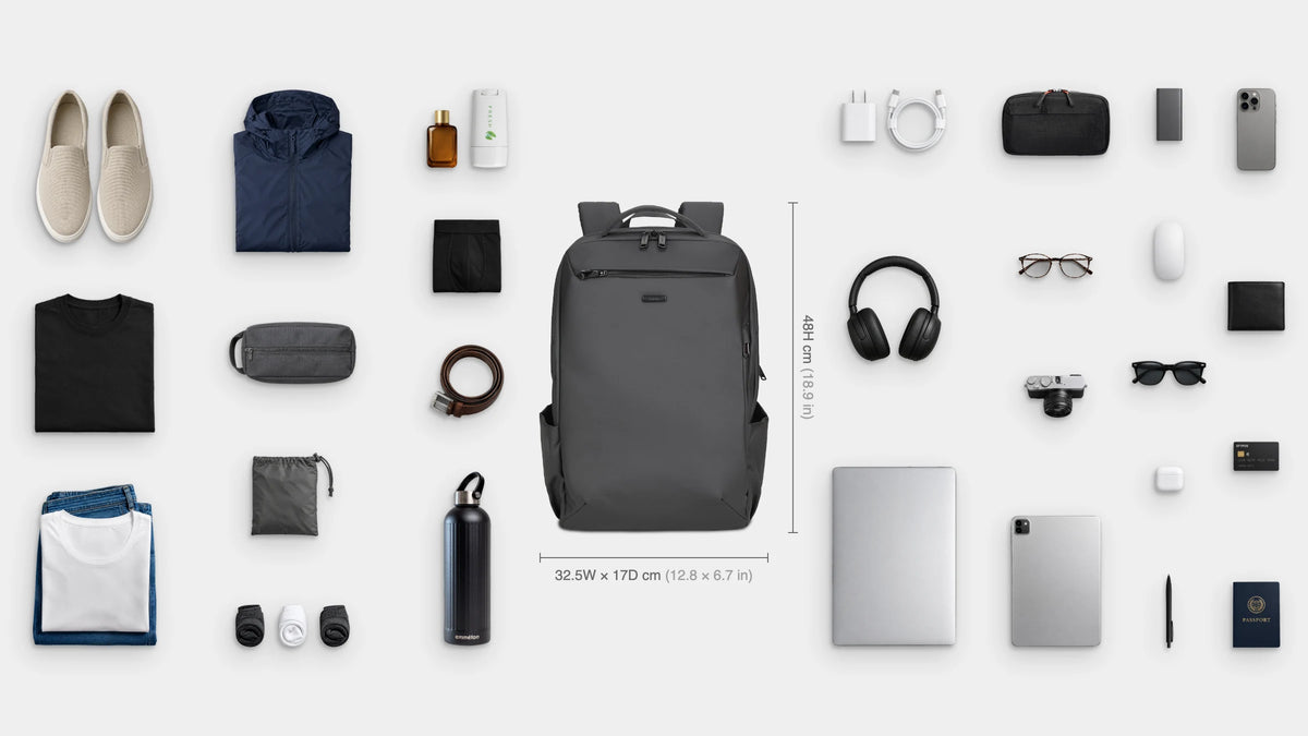 What fits inside the Transit Anti-Theft Pack 26L: 16" laptop, iPad, headphones, emmèton Flow Tech Pouch, charger and cable, power bank, mouse, earbuds, camera, reading glasses, sunglasses, pen, passport, wallet, EFTPOS card, phone, slip-on shoes, rain jacket, jeans and top, shirt, underwear, socks, belt, toiletries bag, perfume, deodorant, emmèton Travel Laundry Bag and emmèton Thermo Bottle 750ml