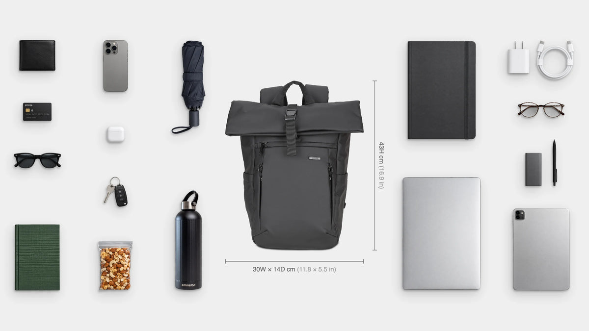 What fits inside the Venture Fold-Top Pack 18L: Shown: 16" laptop, iPad, notebook, pocket notebook, charger and cable, power bank, pen, earbuds, reading glasses, emmèton Thermo Bottle 750ml, travel umbrella, snacks, sunglasses, wallet, EFTPOS card, keys, phone.